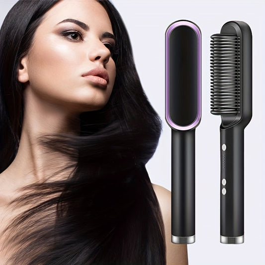 2-in-1 Electric Hair Straightener Brush Hot Comb: Adjustable Heat Styling Curler Anti-Scald Comb, a versatile styling tool for long-lasting curls and straight hair.