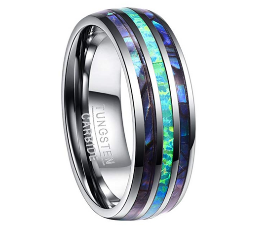 Nuncad 8mm Tungsten Carbide Wedding Ring Band with Abalone Shell and Synthetic Opal for Men and Women