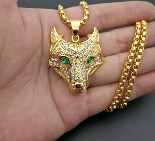 Men's Stainless Steel Viking Wolf Head Necklace Pendant with Gold-Colored Chain - Iced Out Norse Talisman, Ethnic Jewelry