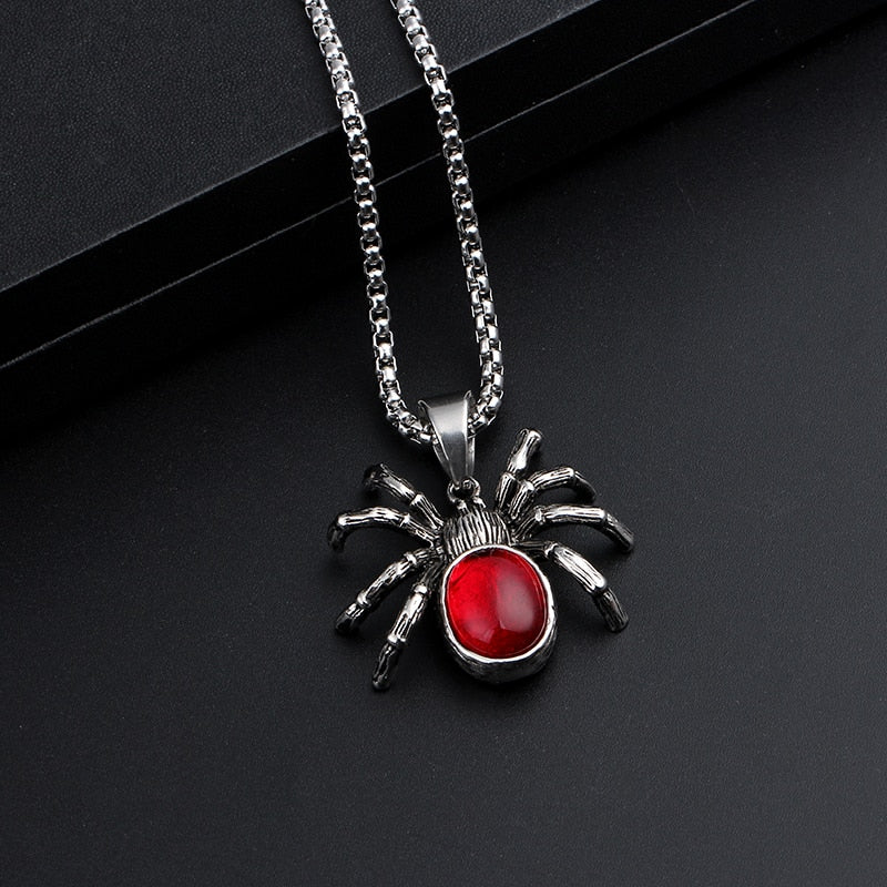 Mens Punk Vintage Retro Black Widow Spider Pendant Necklace Gothic Red Large Crystal Male Biker Goth Jewelry Necklace Men