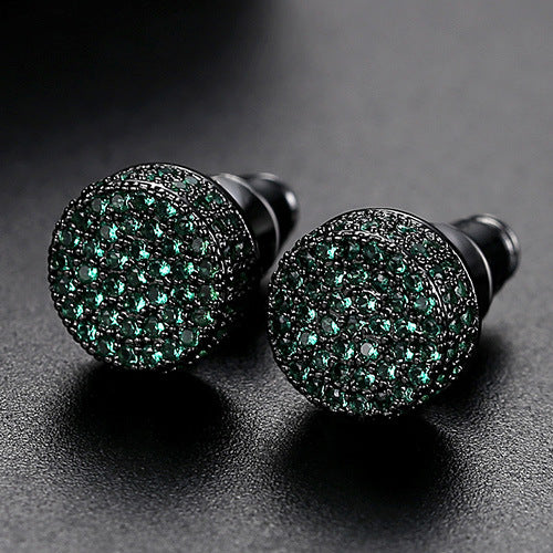 JINSE Hip Hop 9MM Round Cubic Zirconia Earrings for Men: Crystal Green and White Ear Studs - Fashion Jewelry Brincos