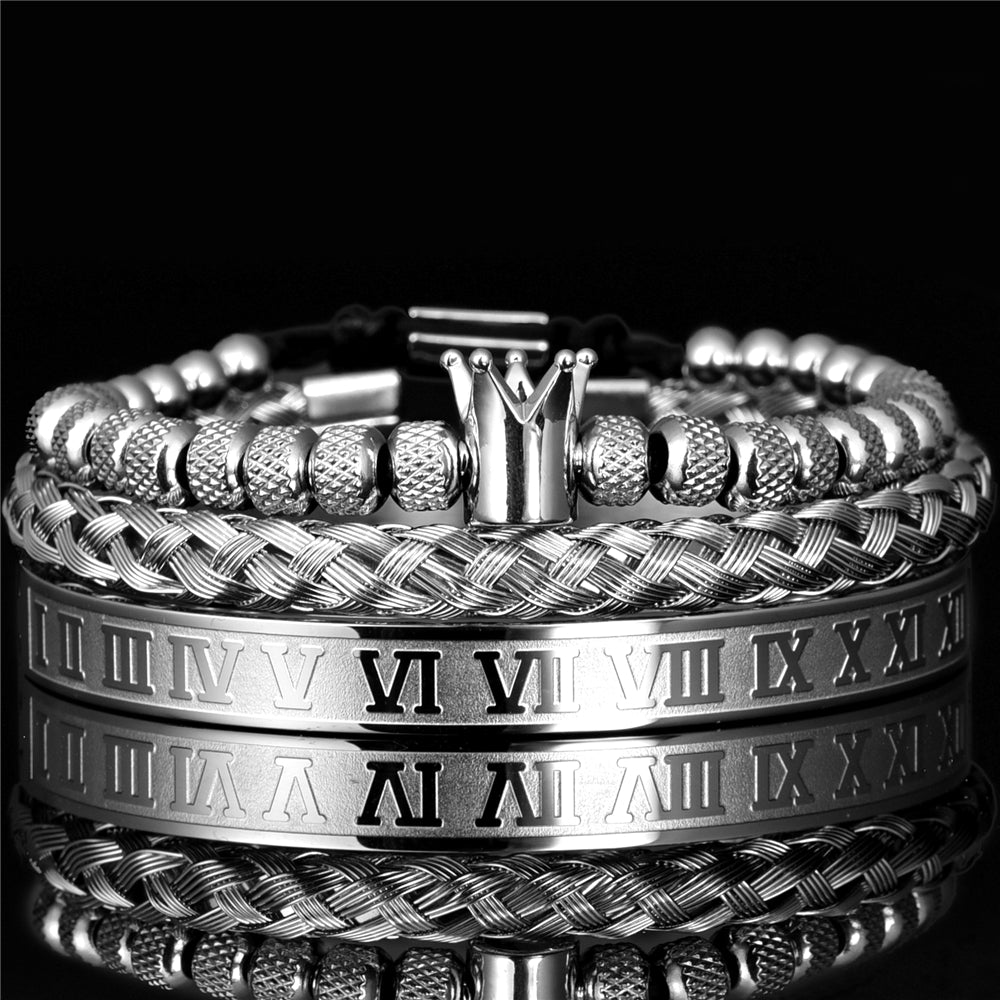 Crown Design 3-Piece Men's and Women's Bead Stainless Steel Handmade Bracelet