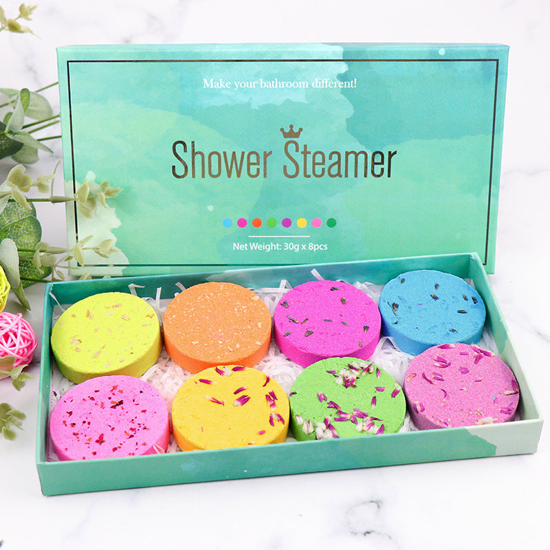 Aromatherapy Shower Steamer: Round Biscuit Flower Shower Sheet Set with Essential Oil Bath Salt Bubble Bomb