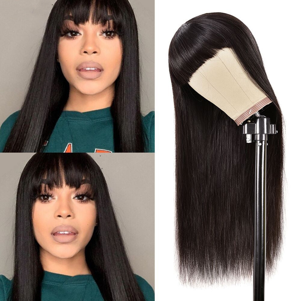 Upside Down Real Human Hair Headgear with Qi Bangs