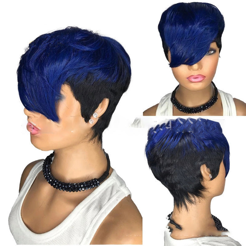 Blue Ombre Wavy Color Short Straight Bob Pixie Cut Glueless Non-Lace 100% Remy Human Hair Wigs Wholesale for Black Women