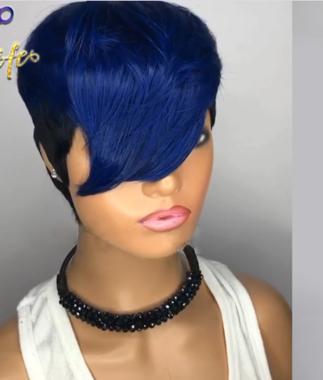 Blue Ombre Wavy Color Short Straight Bob Pixie Cut Glueless Non-Lace 100% Remy Human Hair Wigs Wholesale for Black Women