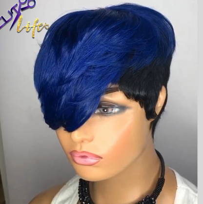 Blue Ombre Wavy Color Short Straight Bob Pixie Cut Glueless Non-Lace 100% Remy Human Hair Wigs Wholesale for Black Women