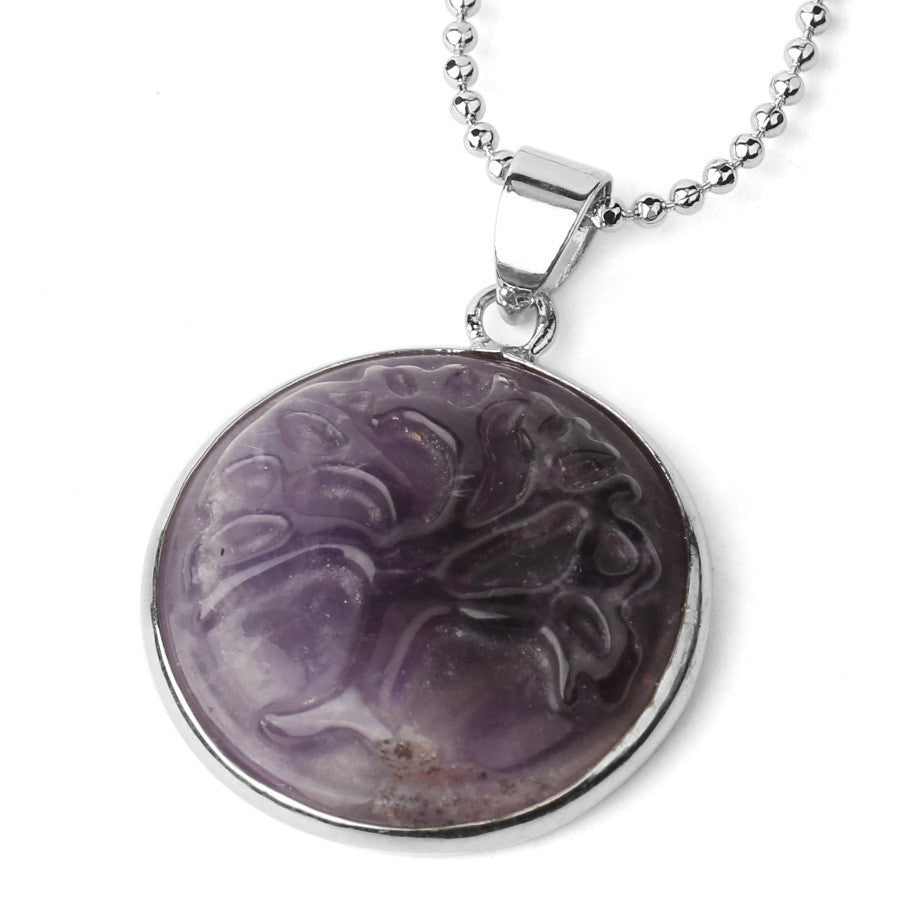 Tree of Life Carved Natural Stone Pendant Necklace with Round Bead Quartz and Purple Crystal