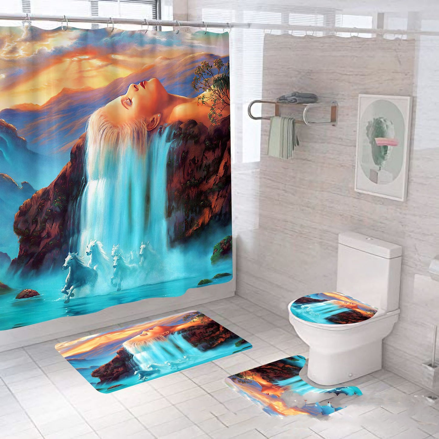 4-Piece Bathroom Set: Shower Curtain and Waterfall Non-Slip Mats