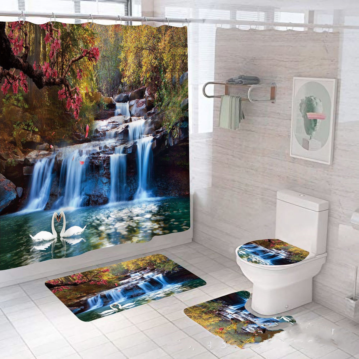 4-Piece Bathroom Set: Shower Curtain and Waterfall Non-Slip Mats
