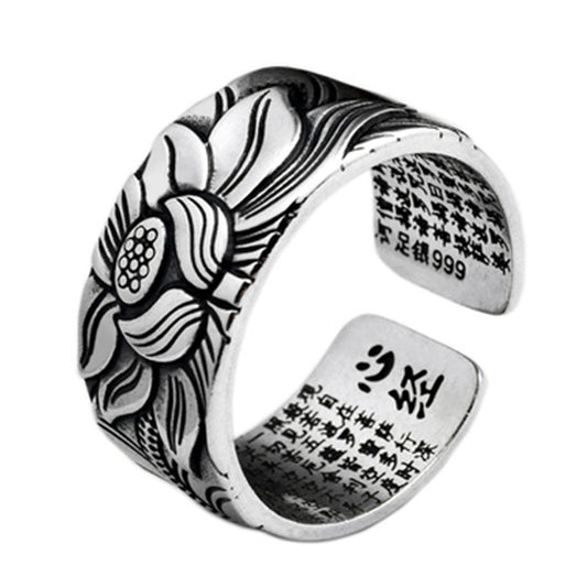 Buddhist Jewelry, such as vintage and old, real silver-plated Prajna Paramita Heart Sutra Lotus Ring