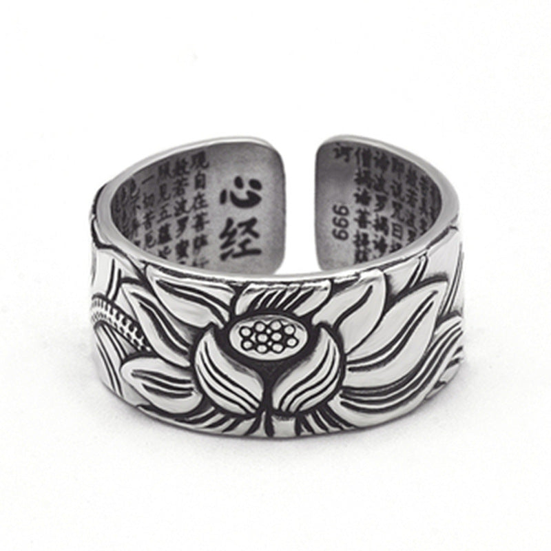 Buddhist Jewelry, such as vintage and old, real silver-plated Prajna Paramita Heart Sutra Lotus Ring