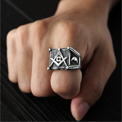 Masonic Rings for Men: Gold Sun and Moon Design - Handmade Punk Style High Polished Silver Jewelry for Men