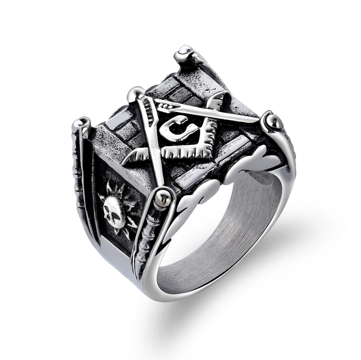 Masonic Rings for Men: Gold Sun and Moon Design - Handmade Punk Style High Polished Silver Jewelry for Men