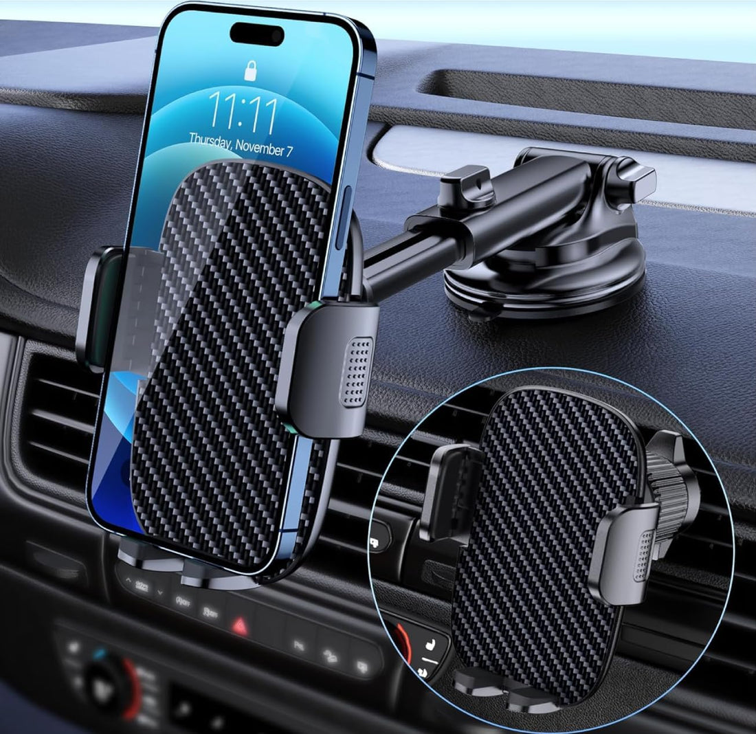 Universal Car Phone Holder Mount - Hands-Free Dashboard, Windshield, Air Vent for iPhone & Smartphones, Carbon Fiber