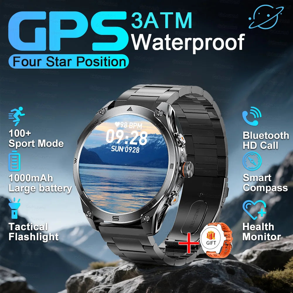 Smartwatch with features highlighted on a mountainous background