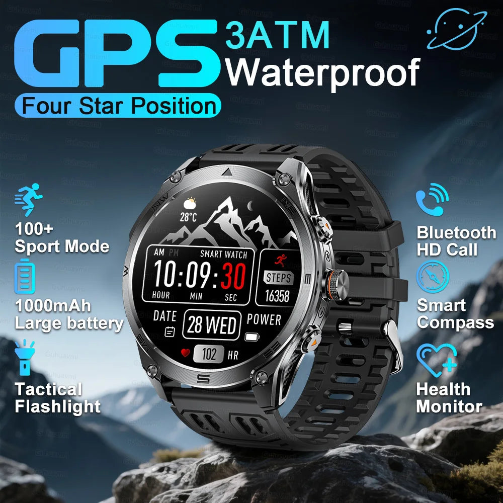 Black  GPS watch with mountainous background and feature highlights.