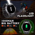 Smartwatch with LED flashlight and 1000mAh battery display, shown in a mountain biking context.