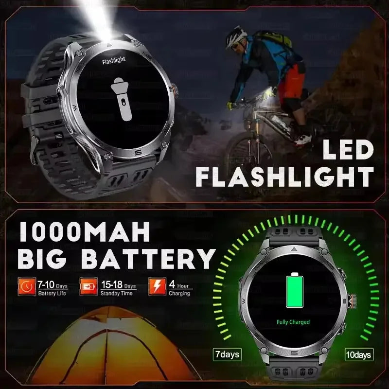 Smartwatch with LED flashlight and 1000mAh battery display, shown in a mountain biking context.