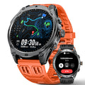 Smartwatch with orange band and detailed display on a white background