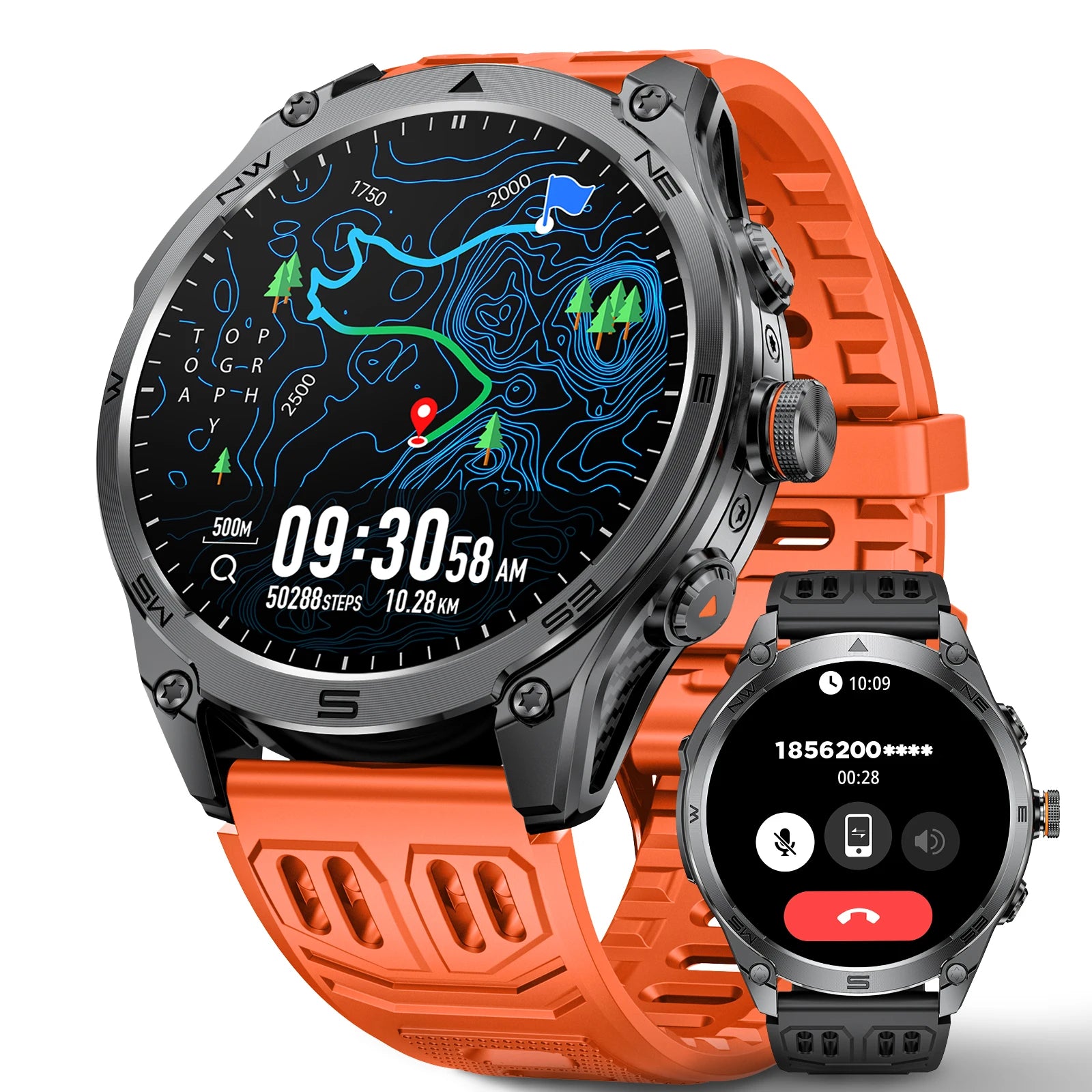 Smartwatch with orange band and detailed display on a white background