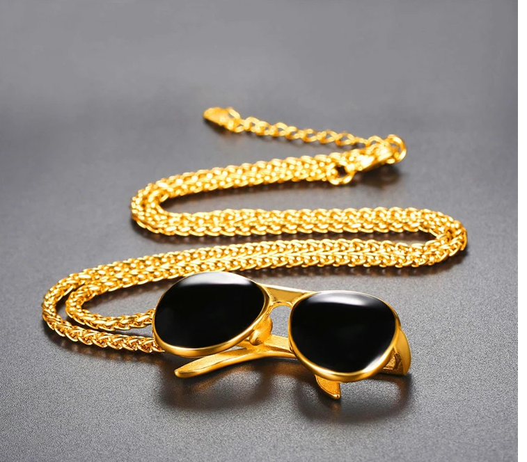 18K Gold-Plated Men's Jewelry: Cool Sunglass Pendant Necklace with Chain