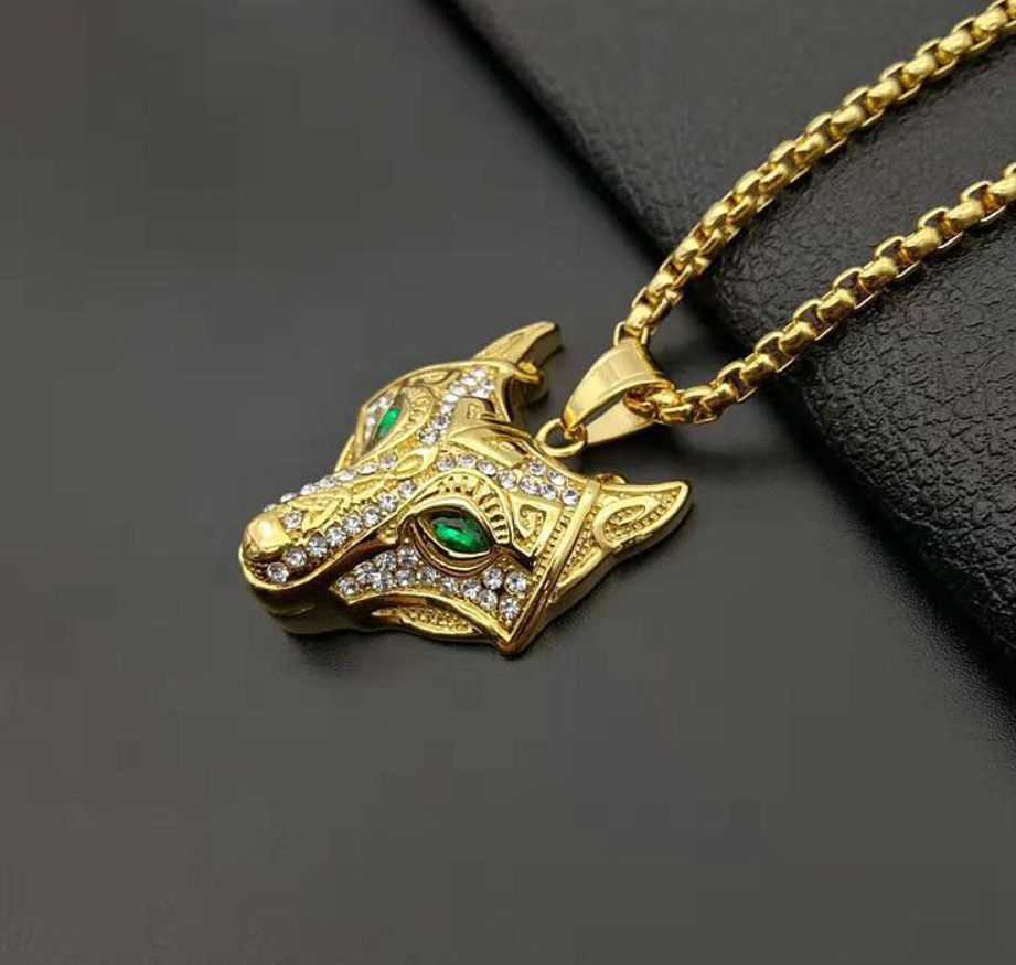 Men's Stainless Steel Viking Wolf Head Necklace Pendant with Gold-Colored Chain - Iced Out Norse Talisman, Ethnic Jewelry