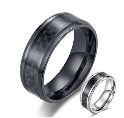 Black Carbon Fiber Inlay Men's Wedding Band Ring - Stainless Steel Jewelry.