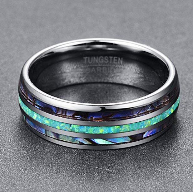 Nuncad 8mm Tungsten Carbide Wedding Ring Band with Abalone Shell and Synthetic Opal for Men and Women