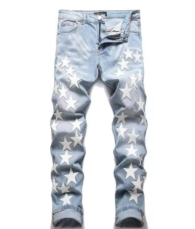 Men’s High Street Blue Star Embroidered Jeans – Slim Fit Denim Pants, Stylish Autumn Fashion for Vaqueros Hombre