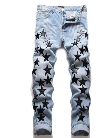 Men’s High Street Blue Star Embroidered Jeans – Slim Fit Denim Pants, Stylish Autumn Fashion for Vaqueros Hombre