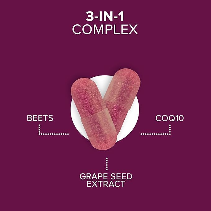 Blood Pressure Support – 3-in-1 Beet Root, CoQ10 & Grape Seed Extract – Heart & Circulation Formula – 60 Capsules