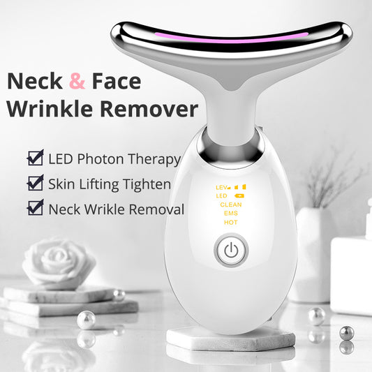 EMS Thermal Neck Lifting and Tightening Massager: Electric Microcurrent Wrinkle Remover LED Photon Face Beauty Device for Women.