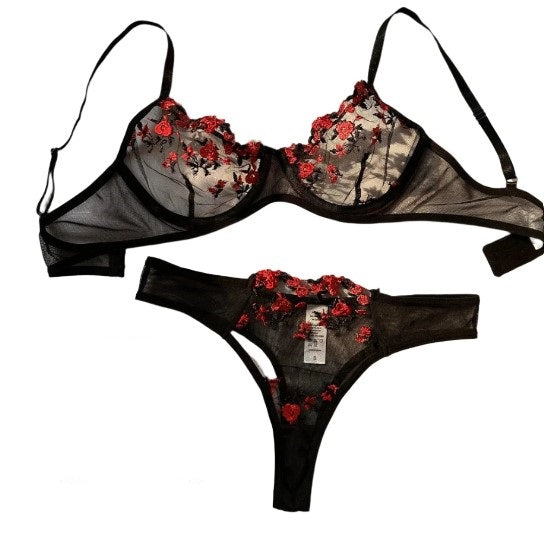 2PCS Floral Embroidery Lace Lingerie Set - Sexy Bra & Panty Erotic Costume for Women