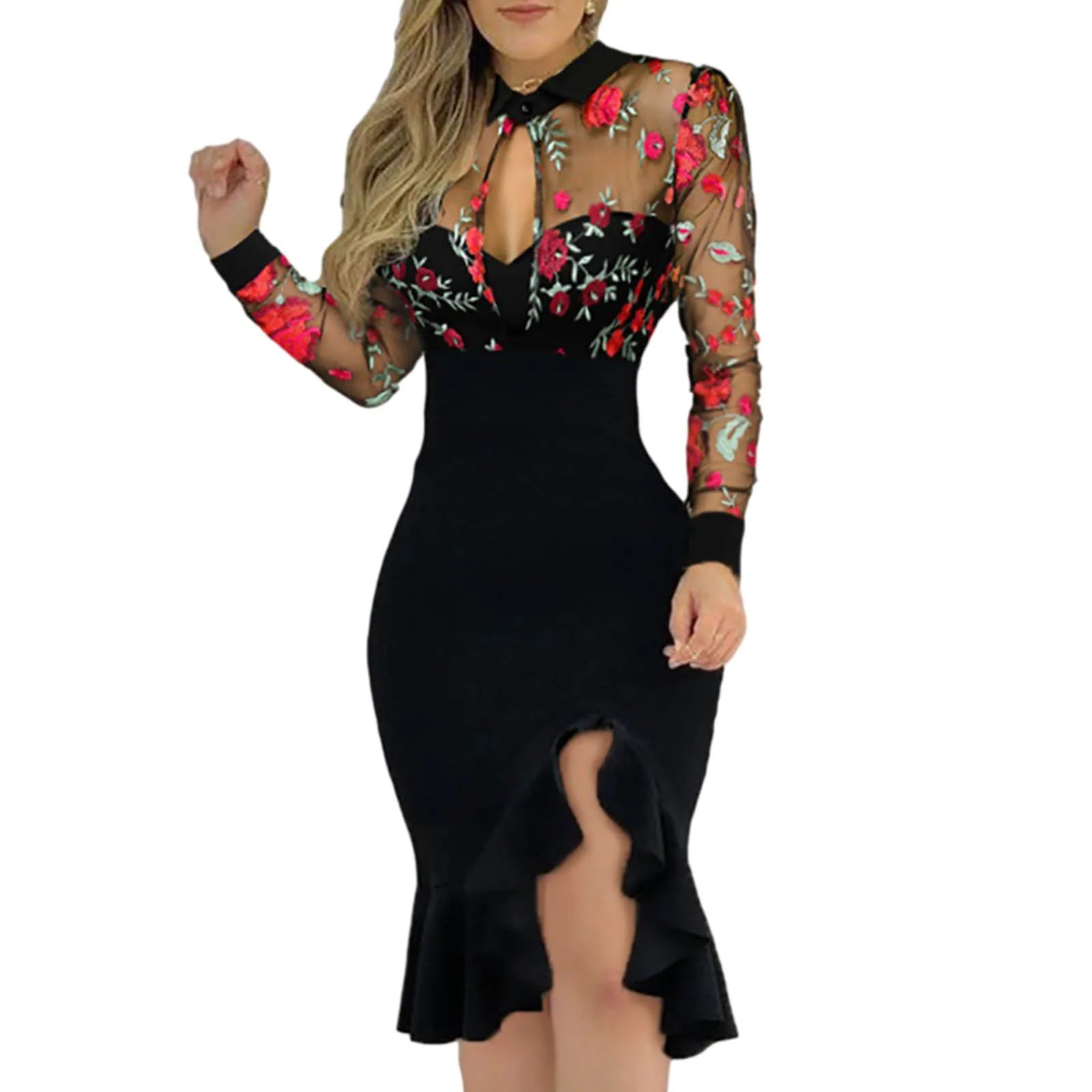 2024 Spring Summer Sexy Mesh Ruffle Midi Dress - Women's Long Sleeve Irregular Print Elegant Party Outfit