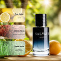 Salvage perfume bottle with notes of lemon, Sichuan peppercorns, ambergris, ether, and vanilla on a natural background.