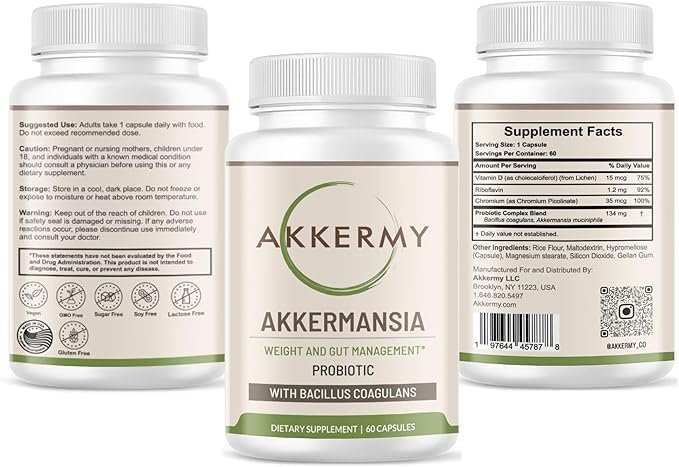 Akkermansia Probiotic for Healthy Weight | Naturally Increases GLP-1 | 60 Day Supply | Contains Bacillus Coagulans, Vitamins B2, D3 & Chromium | SIBO Friendly, Vegan & Gluten Free