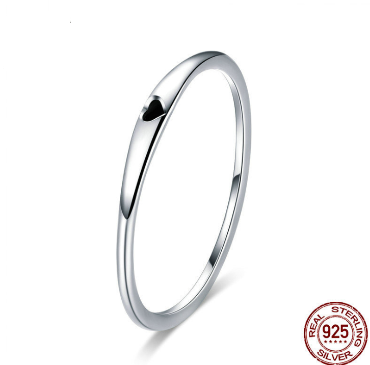 925 Sterling Silver Round Circle Pure Finger Ring with Simple Heart Engraving