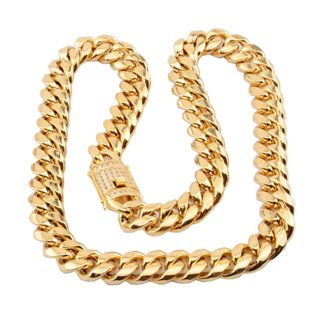 8-18mm Wide Stainless Steel Cuban Miami Chains Necklaces with CZ Zircon Box Lock: Big Heavy Gold Chain for Men - Hip Hop Rock Jewelry