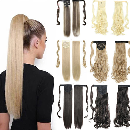 Long Straight Wrap Around Clip-In Ponytail Hair Extension: Heat Resistant Synthetic Tail, Fake Hair.