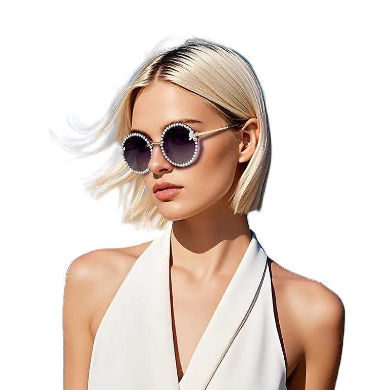 Woman wearing round sunglasses with a white outfit on a white background