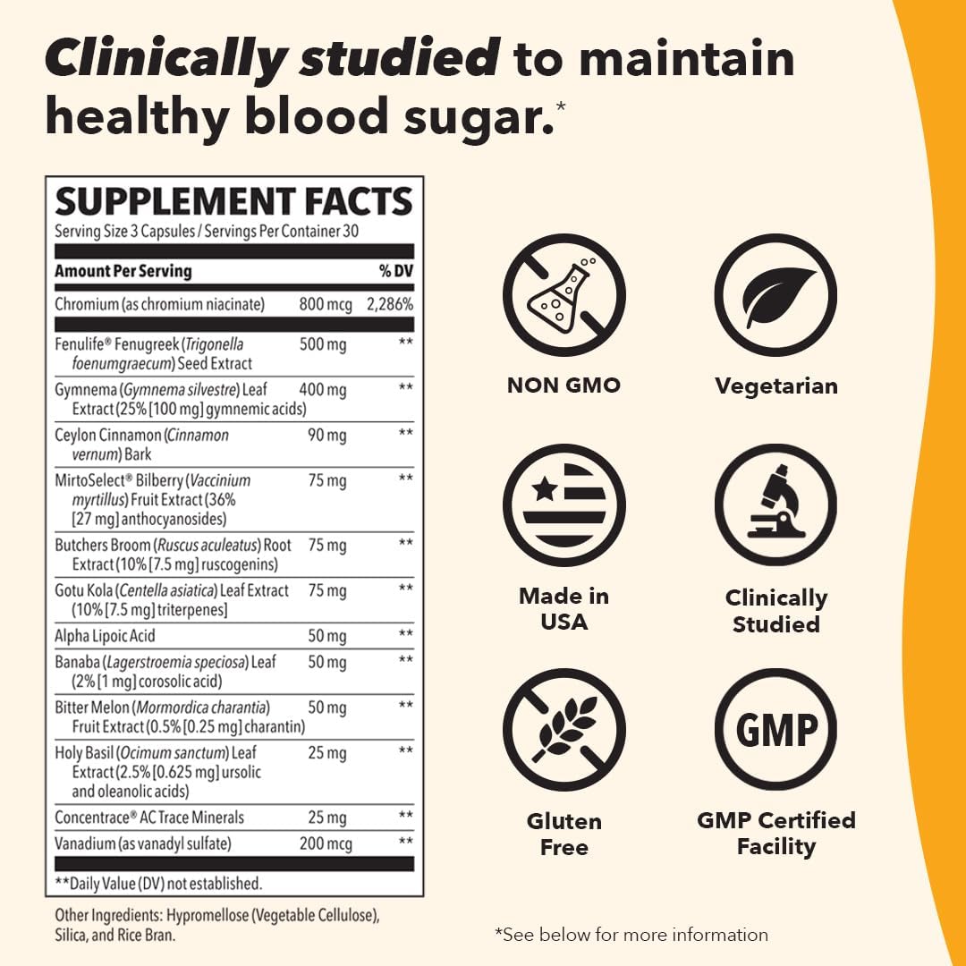 Blood Sugar Support Supplement – Chromium, Cinnamon, Gymnema, Bilberry, Alpha Lipoic Acid – Supports Circulation, Vision & Glucose Metabolism – 90 Capsules