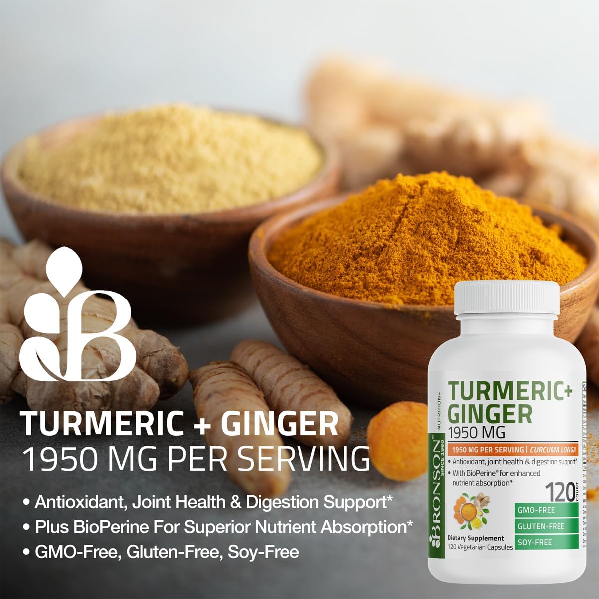 Turmeric + Ginger Extra Strength with BioPerine – Joint & Digestion Support – 60 Non-GMO Vegetarian Capsules