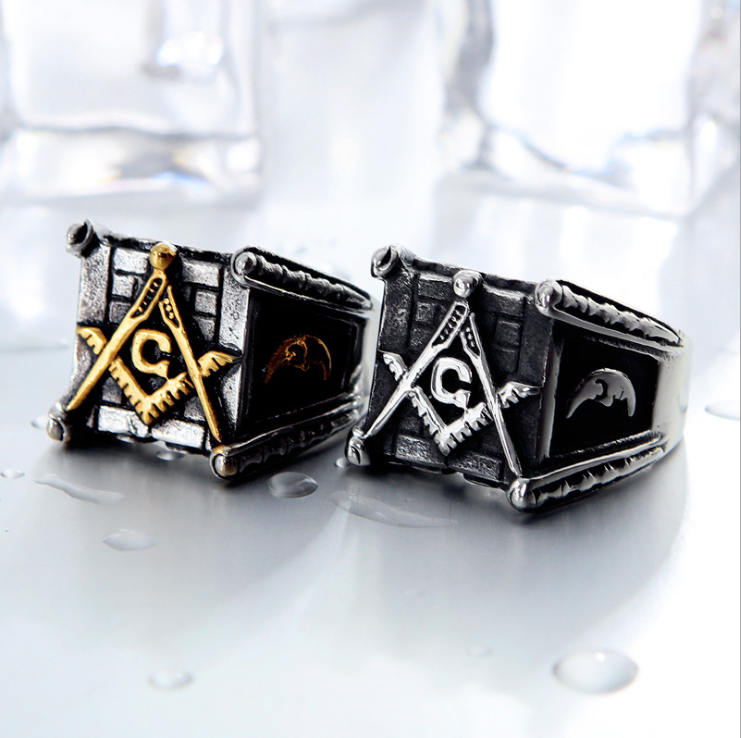 Masonic Rings for Men: Gold Sun and Moon Design - Handmade Punk Style High Polished Silver Jewelry for Men