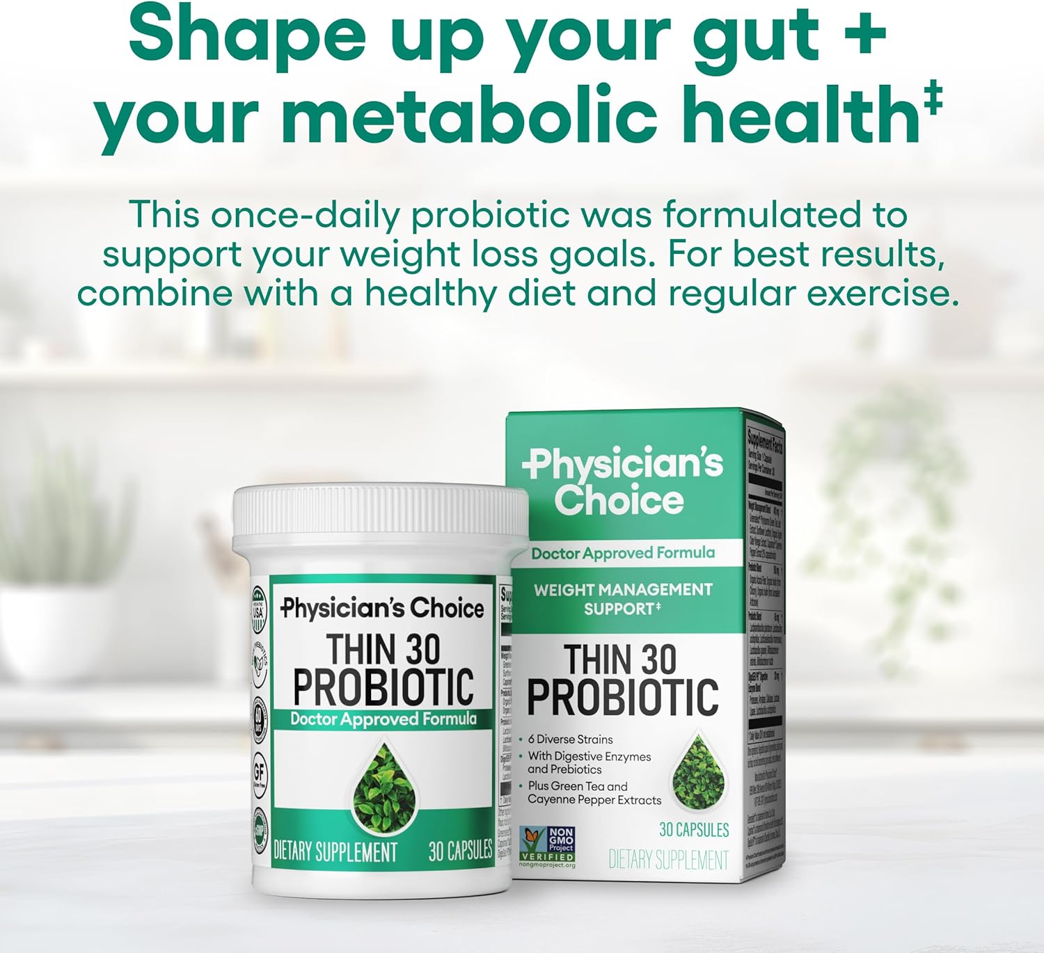 Probiotics for Weight Management & Bloating Relief – 6 Probiotic Strains + Prebiotics, Cayenne & Green Tea | Supports Gut Health & Metabolism | 30 Capsules