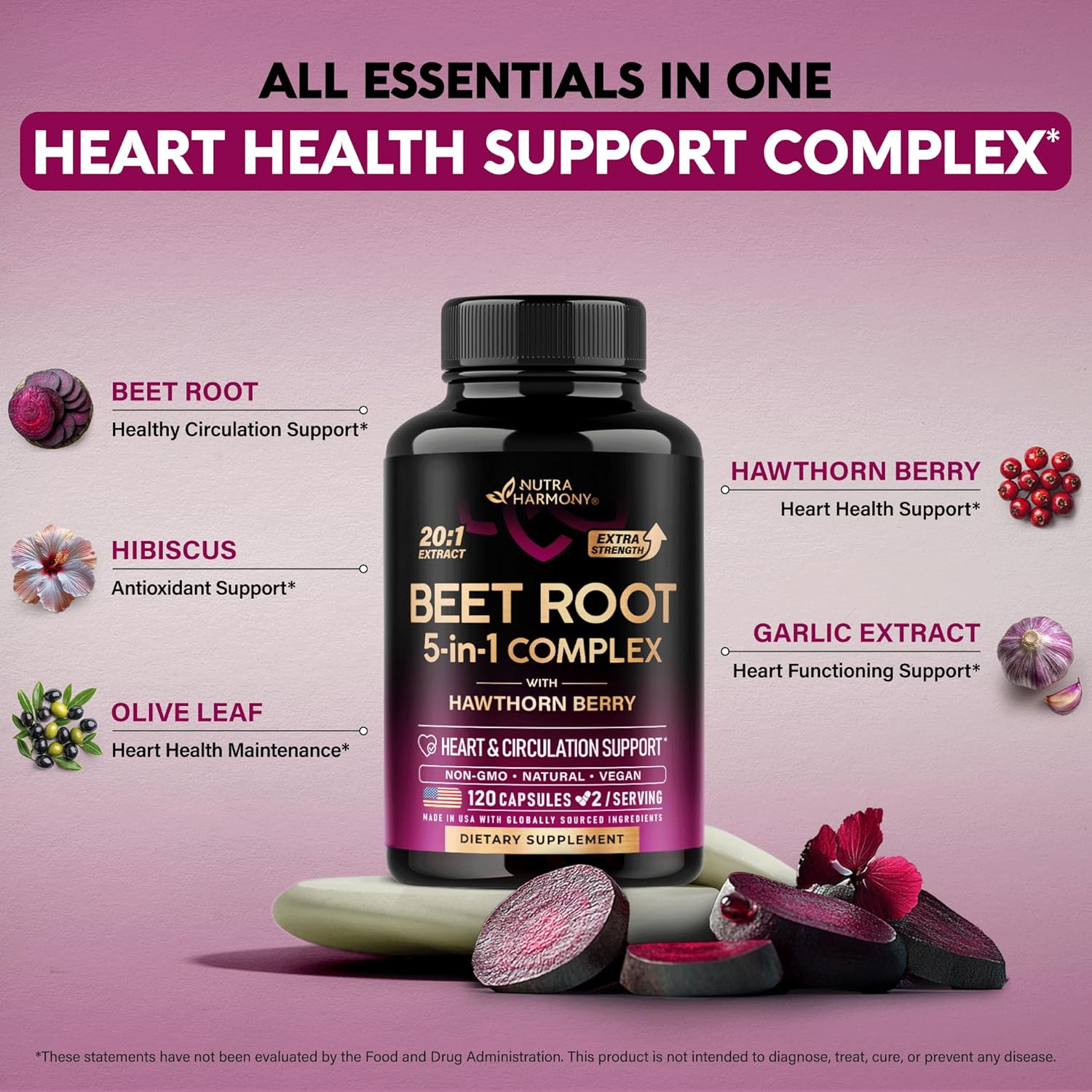 Beet Root Capsules – Heart & Blood Pressure Support with Hawthorn, Hibiscus & Garlic – 120 Capsules