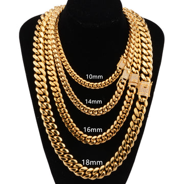 8-18mm Wide Stainless Steel Cuban Miami Chains Necklaces with CZ Zircon Box Lock: Big Heavy Gold Chain for Men - Hip Hop Rock Jewelry