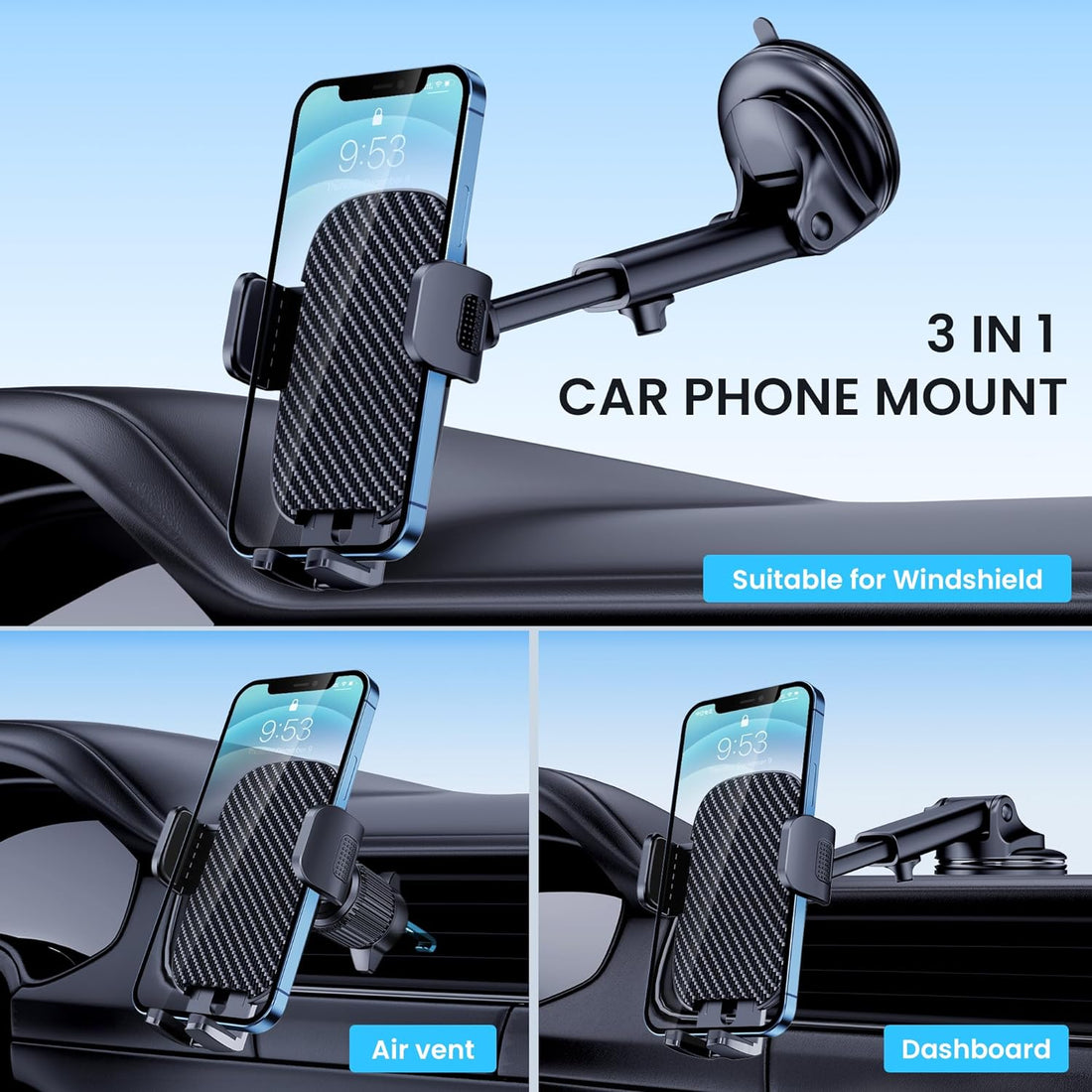 Universal Car Phone Holder Mount - Hands-Free Dashboard, Windshield, Air Vent for iPhone & Smartphones, Carbon Fiber