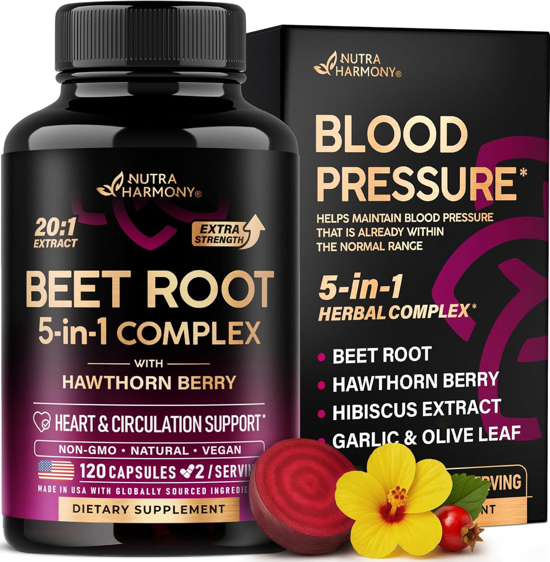 Beet Root Capsules – Heart & Blood Pressure Support with Hawthorn, Hibiscus & Garlic – 120 Capsules