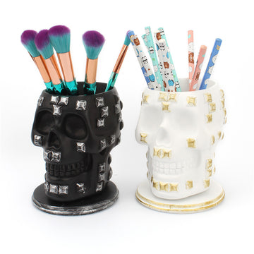 Creative Sequins Skull Rotating Pen Holder: Desktop Makeup Tools Storage Container